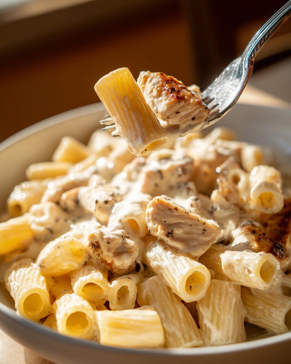 Nahaufnahme von Rigatoni mit Hähnchenstücken, bedeckt mit cremiger Schmand-Sauce, angehoben mit einer Gabel.