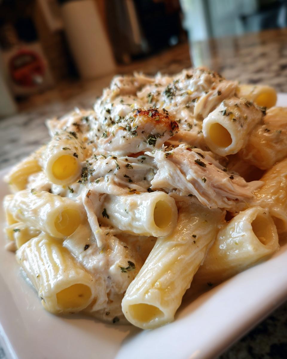 Nahaufnahme von Rigatoni mit Hähnchen in cremiger Schmand-Sauce, bestreut mit Kräutern.
