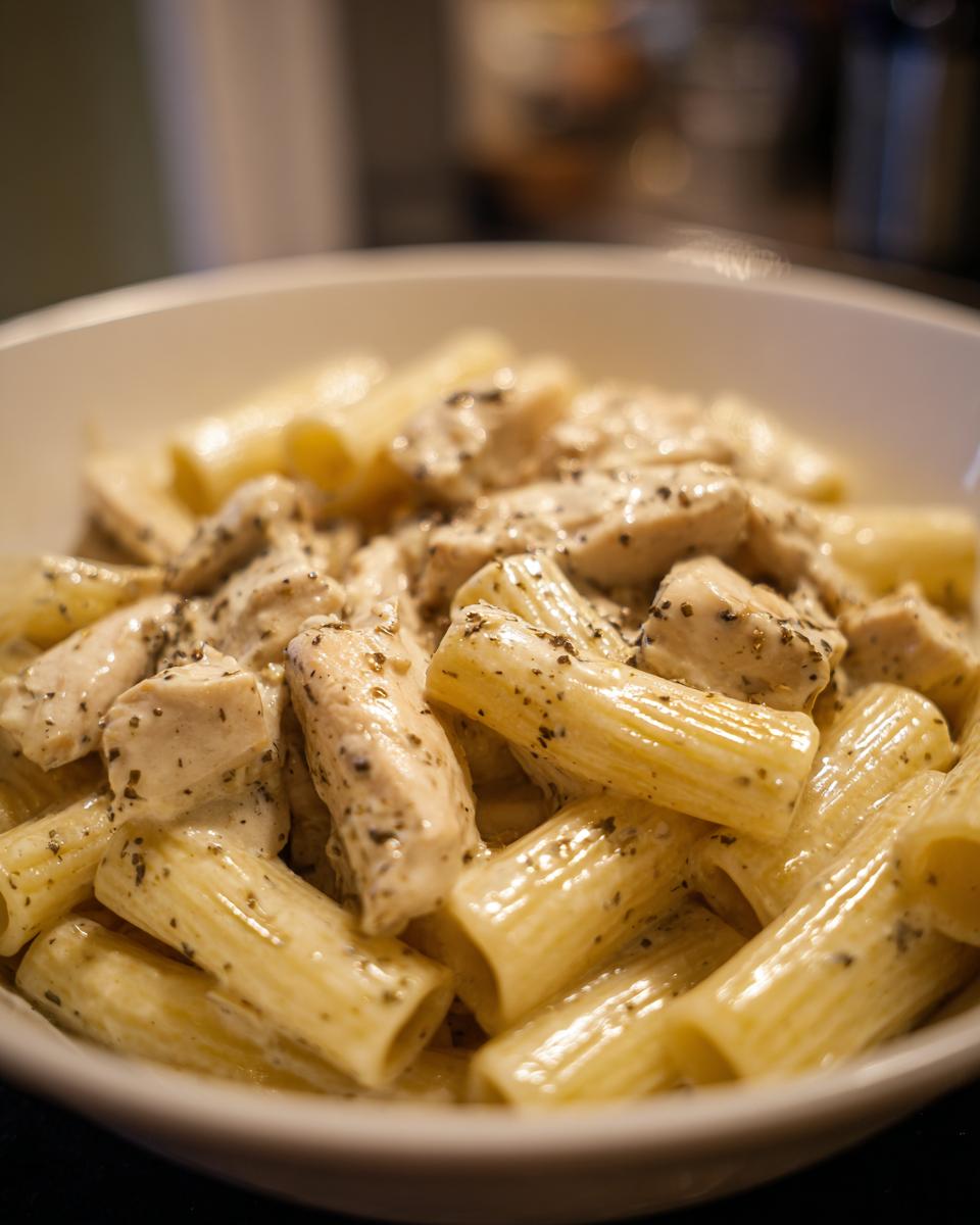 Nahaufnahme von Rigatoni mit Hähnchenstücken in cremiger Schmand-Sauce, reichlich mit Kräutern gewürzt.