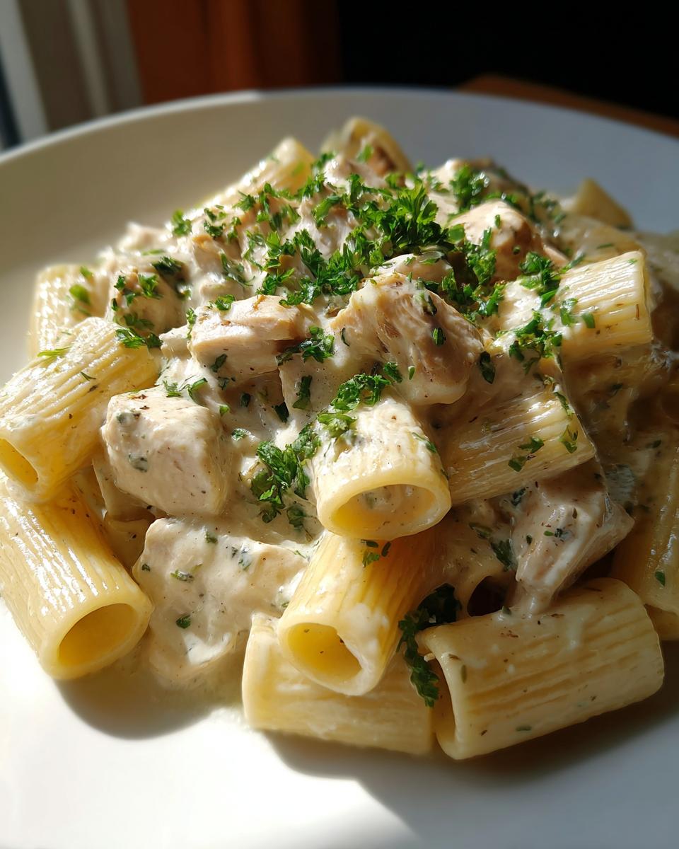 Nahaufnahme von cremigen Rigatoni mit Hähnchenstücken in einer Frischkäsesauce, garniert mit Petersilie.