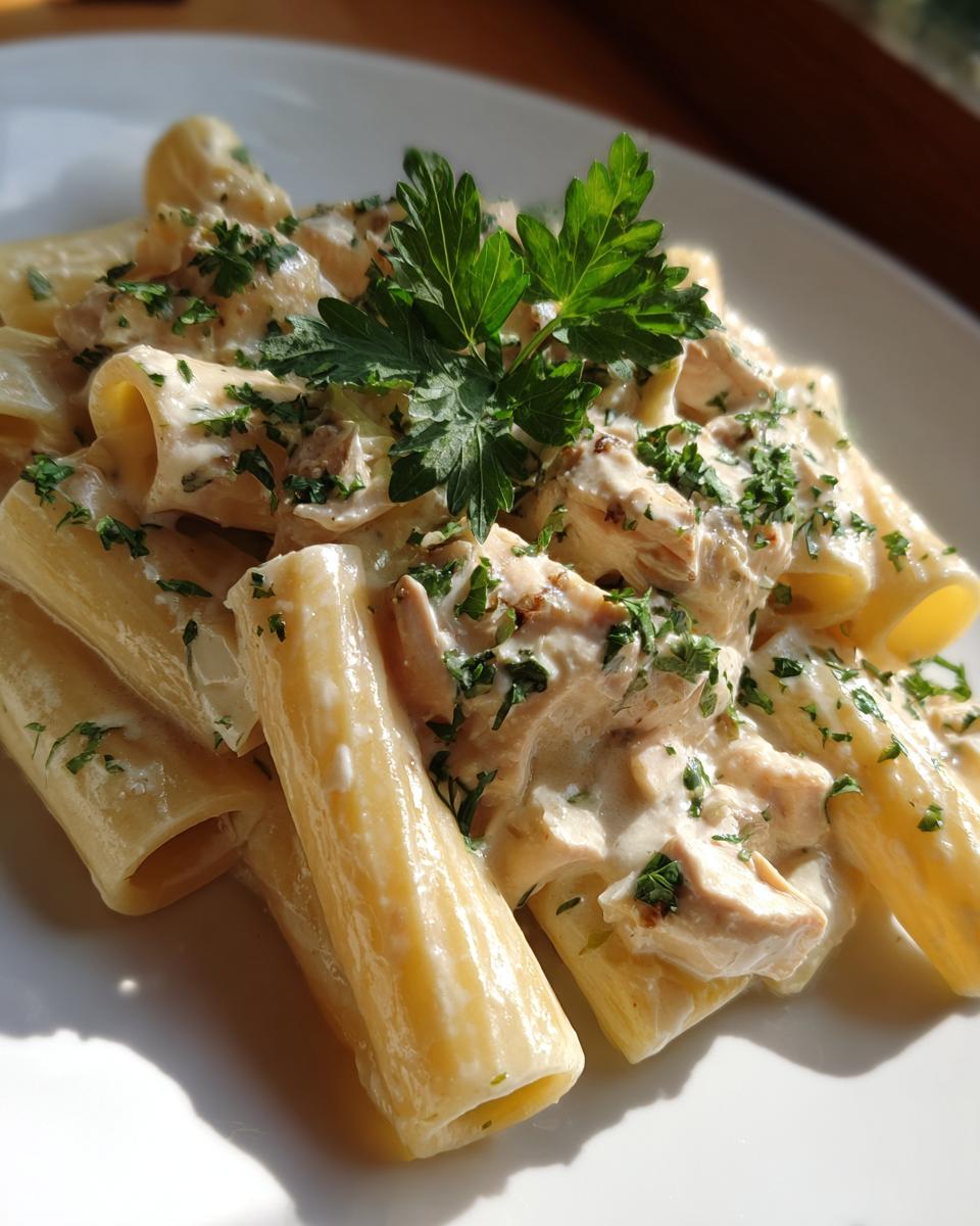 Cremige Rigatoni mit Hähnchenstücken in Frischkäsesauce, garniert mit Petersilie.