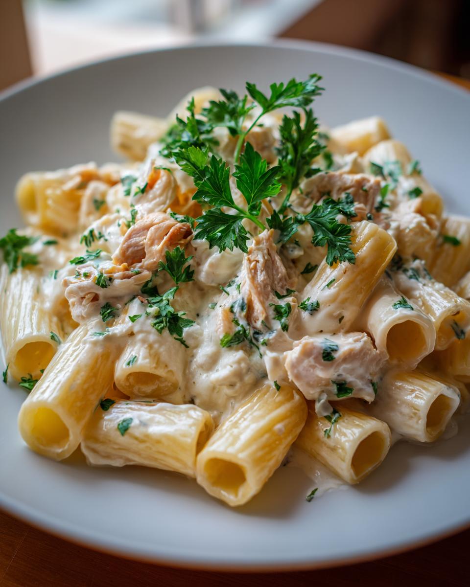 Nahaufnahme von Rigatoni mit Hähnchen und Frischkäse in cremiger Soße, garniert mit Petersilie.
