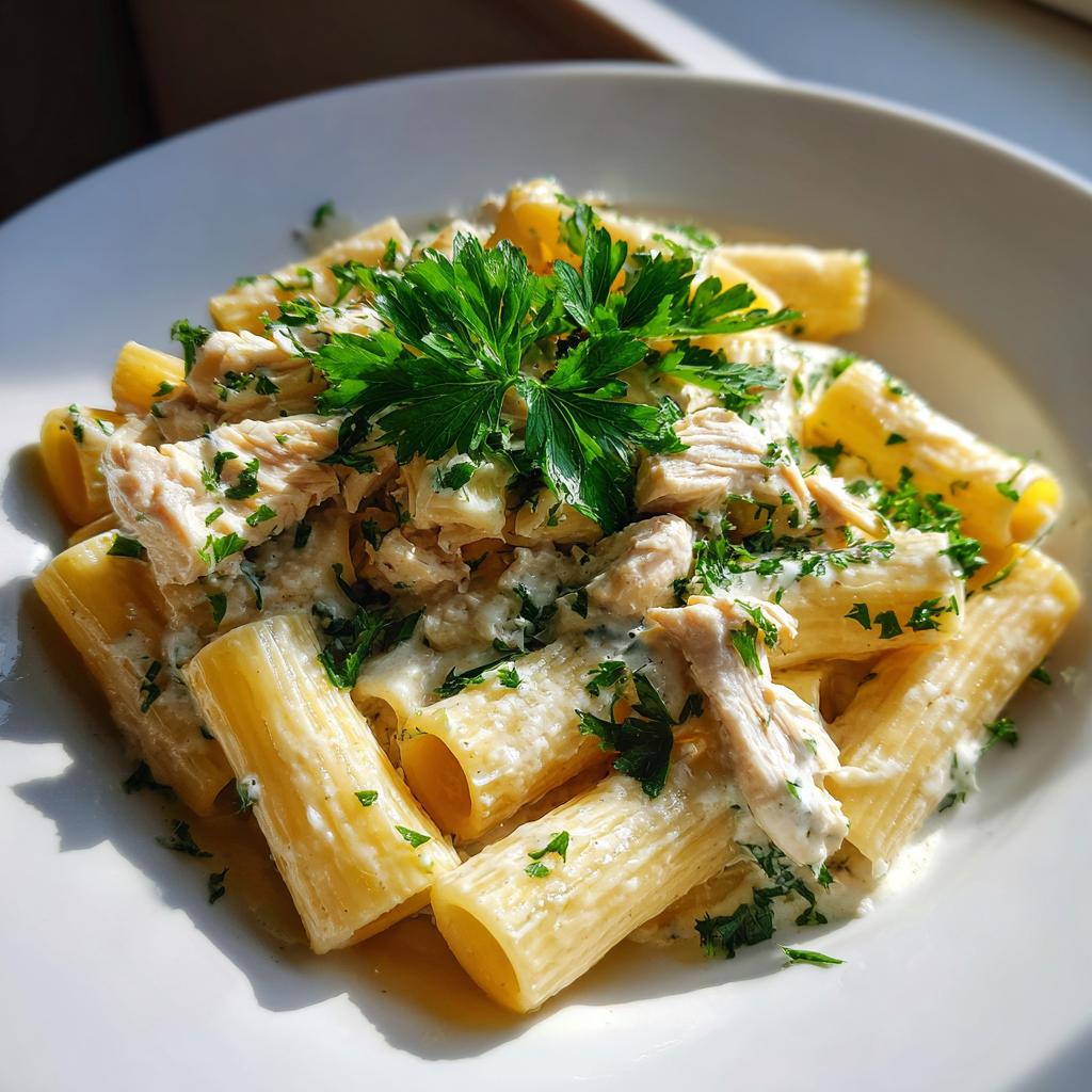 Nahaufnahme von Rigatoni mit Hähnchen und cremiger Frischkäsesauce, garniert mit Petersilie.