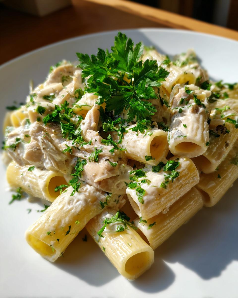 Nahaufnahme von cremigen Rigatoni mit Hähnchenstücken in einer Frischkäsesauce, garniert mit frischer Petersilie.