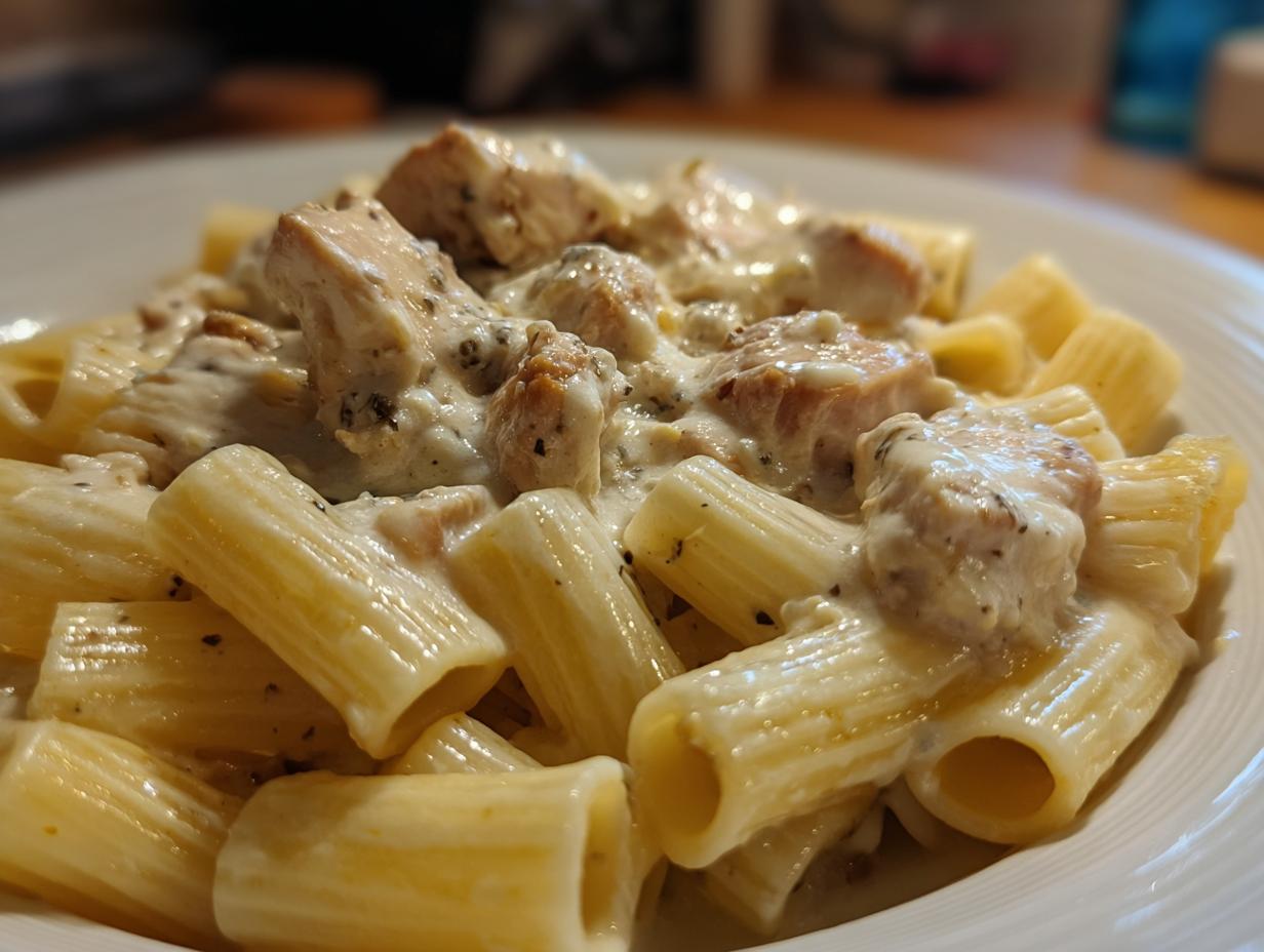Cremiges Gericht aus Rigatoni mit Hähnchenstücken in reichhaltiger Schmand-Sauce.