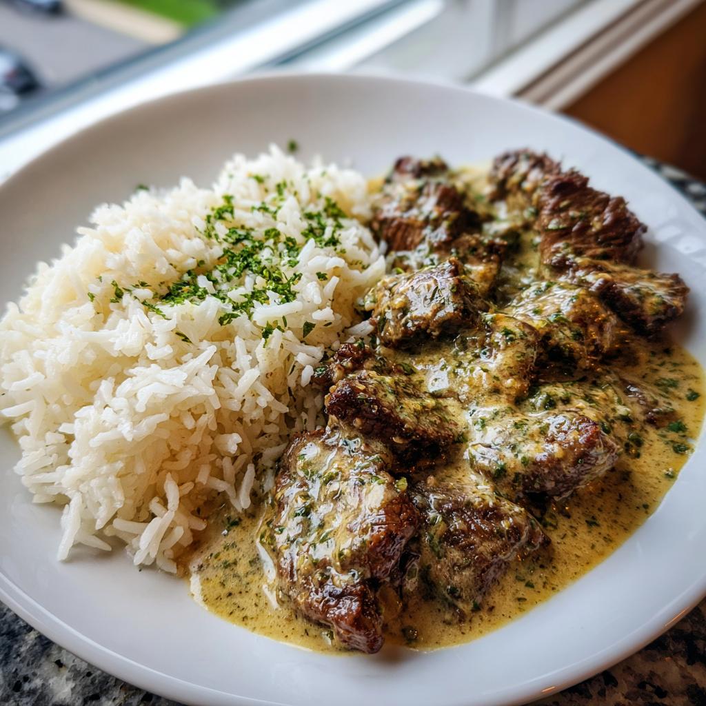 Teller mit Rindergeschnetzeltes in cremiger Kräutersahnesauce und lockerem Butterreis.