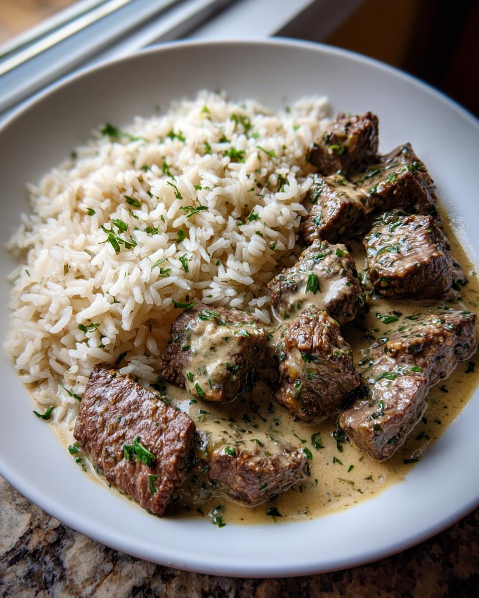 Teller mit Rindergeschnetzeltes in Kräutersahne und lockerem Butterreis, appetitlich angerichtet.