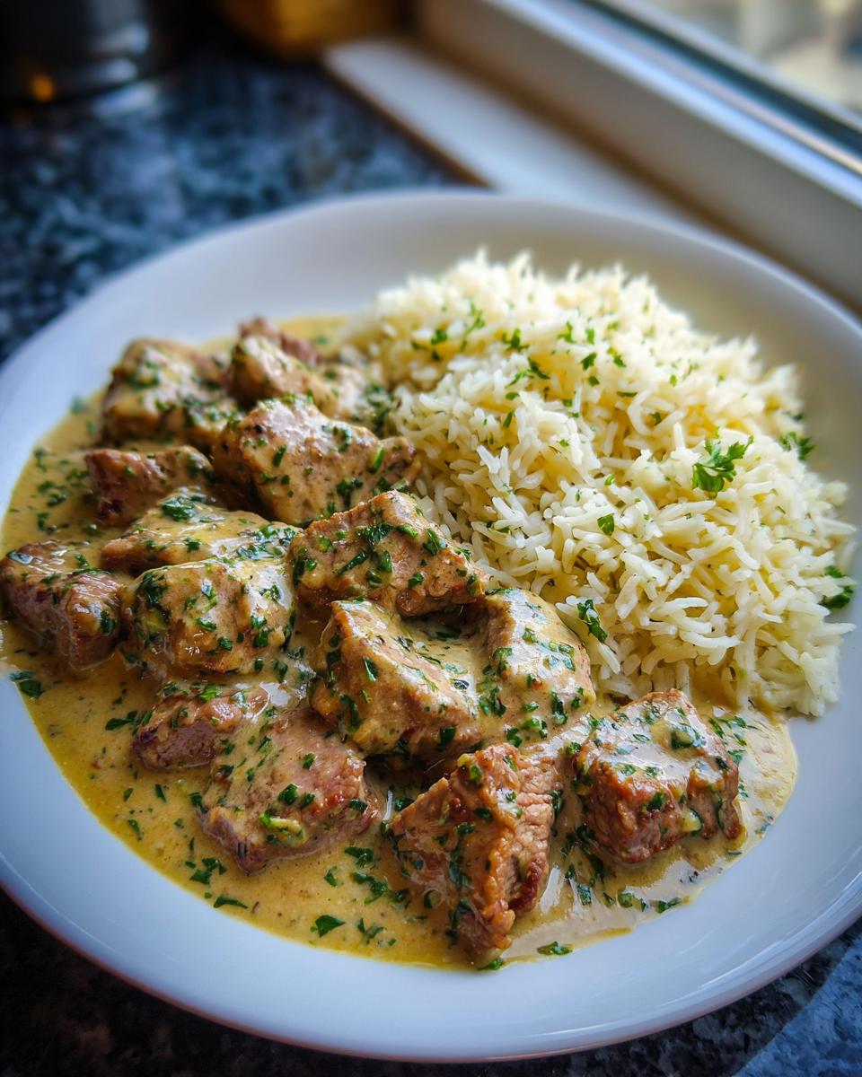 Teller mit saftigem Rindergeschnetzeltes in cremiger Kräutersahnesauce und lockerem Butterreis.