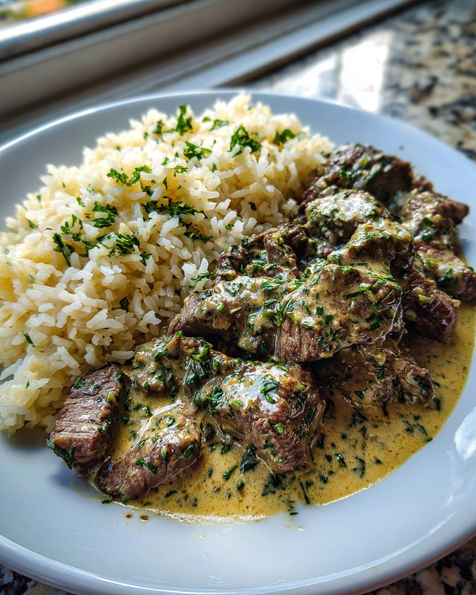 Teller mit Rindergeschnetzeltes in Kräutersahne und lockerem Butterreis, garniert mit Petersilie.