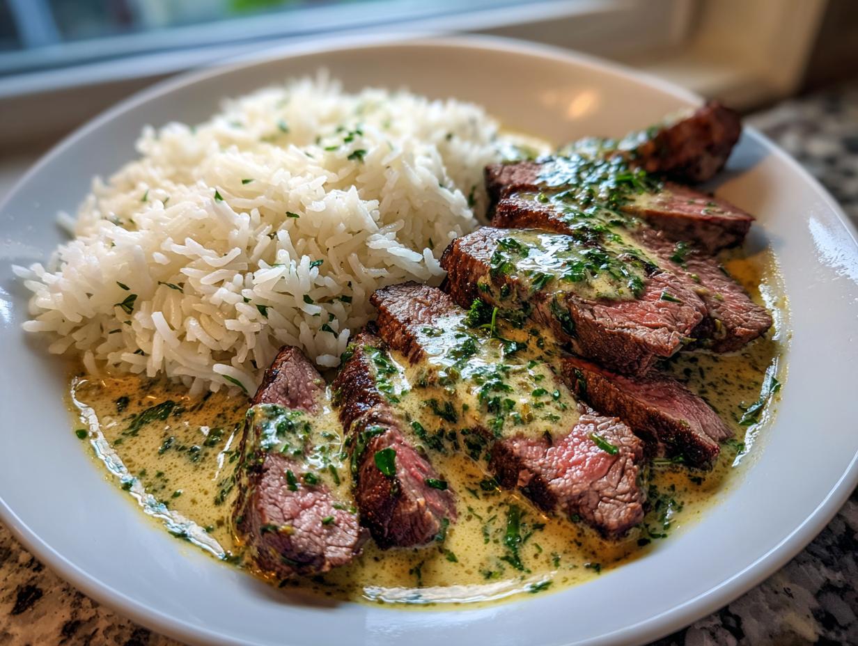 Teller mit saftigem Rindergeschnetzeltes in Kräutersahne und lockerem Butterreis.