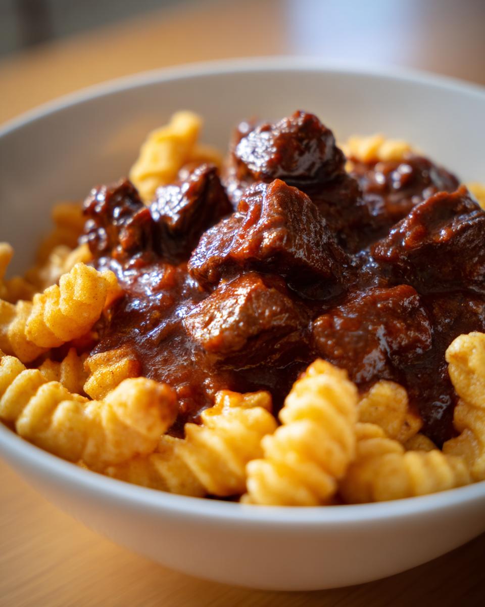 Ein Teller mit saftigem Rindergulasch mit dunkler Sauce, serviert auf goldgelben Spätzle in einer weißen Schüssel.