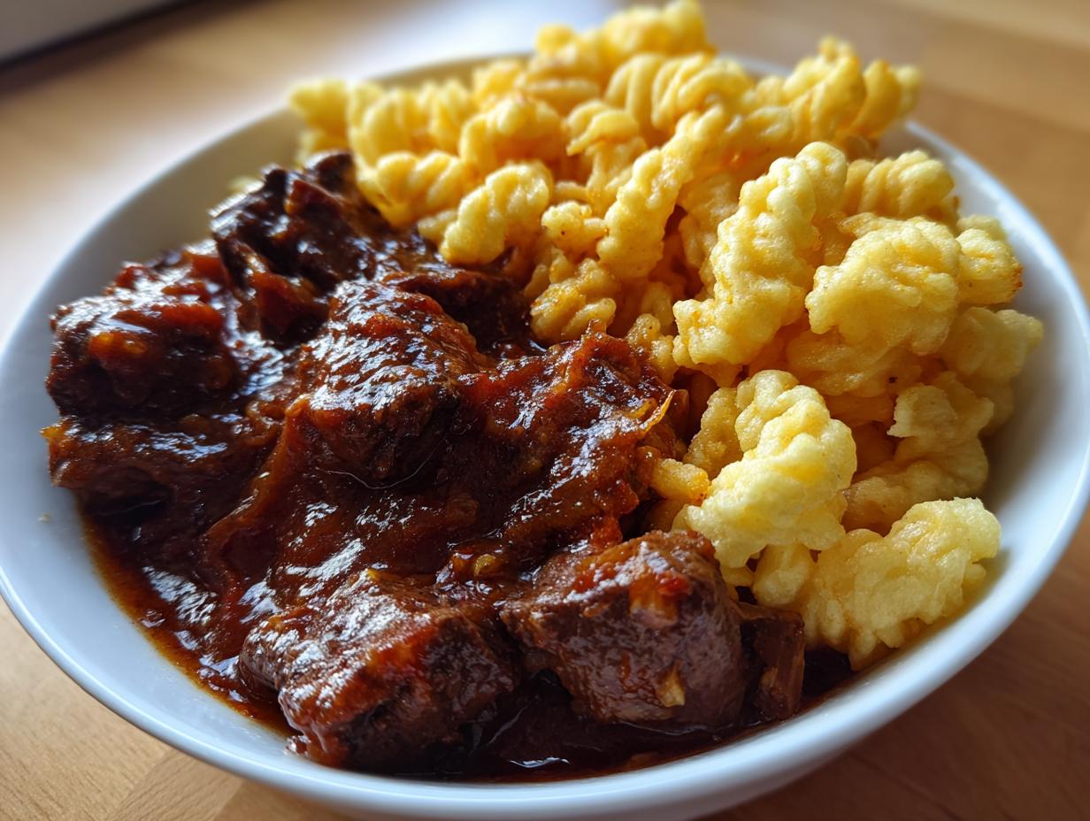 Nahaufnahme von saftigem Rindergulasch mit dunkler Soße und einer Portion goldgelber Spätzle in einer weißen Schüssel.