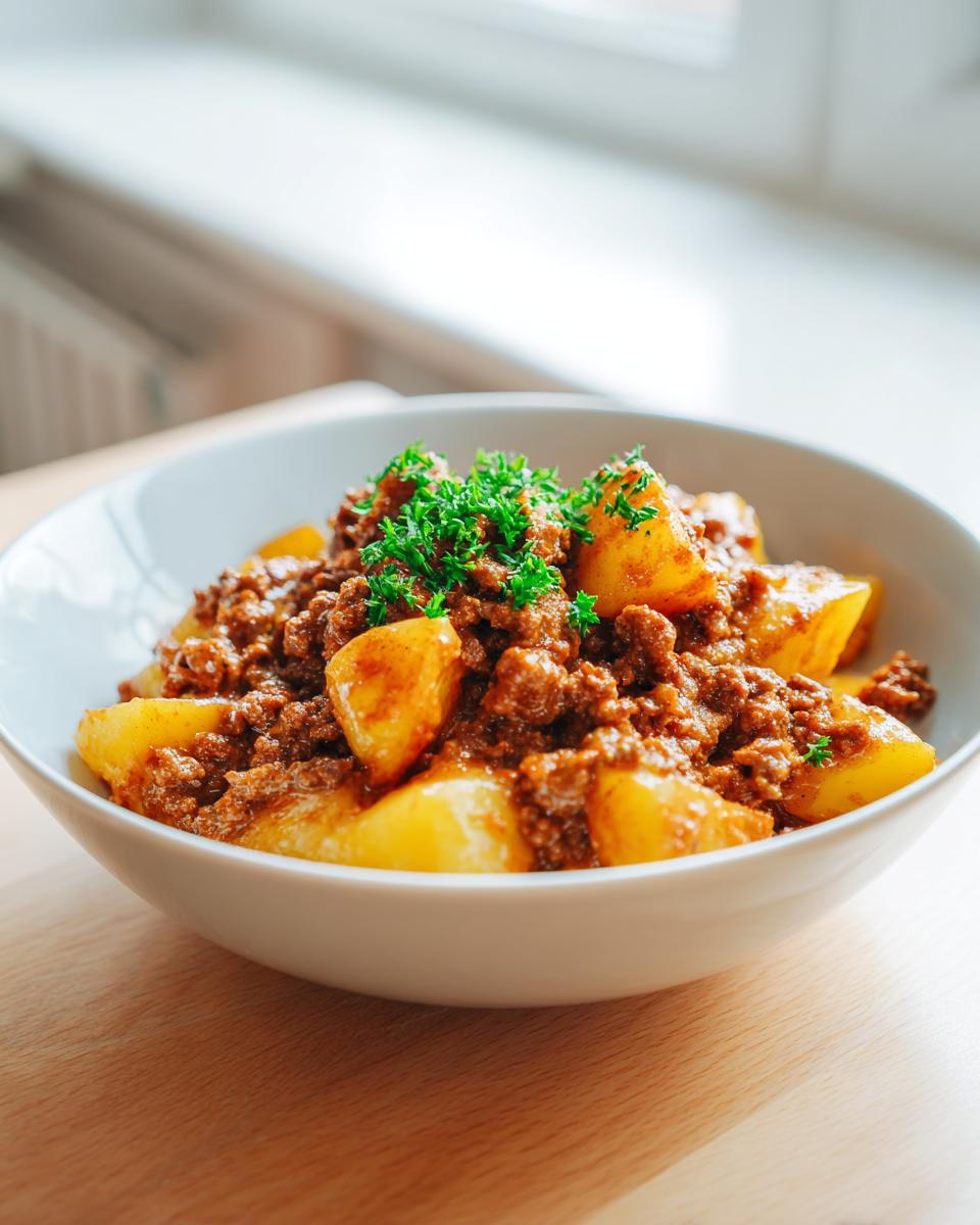 Nahaufnahme einer weißen Schüssel mit Rinderhack-Kartoffelpfanne in Rahm, garniert mit frischer Petersilie.