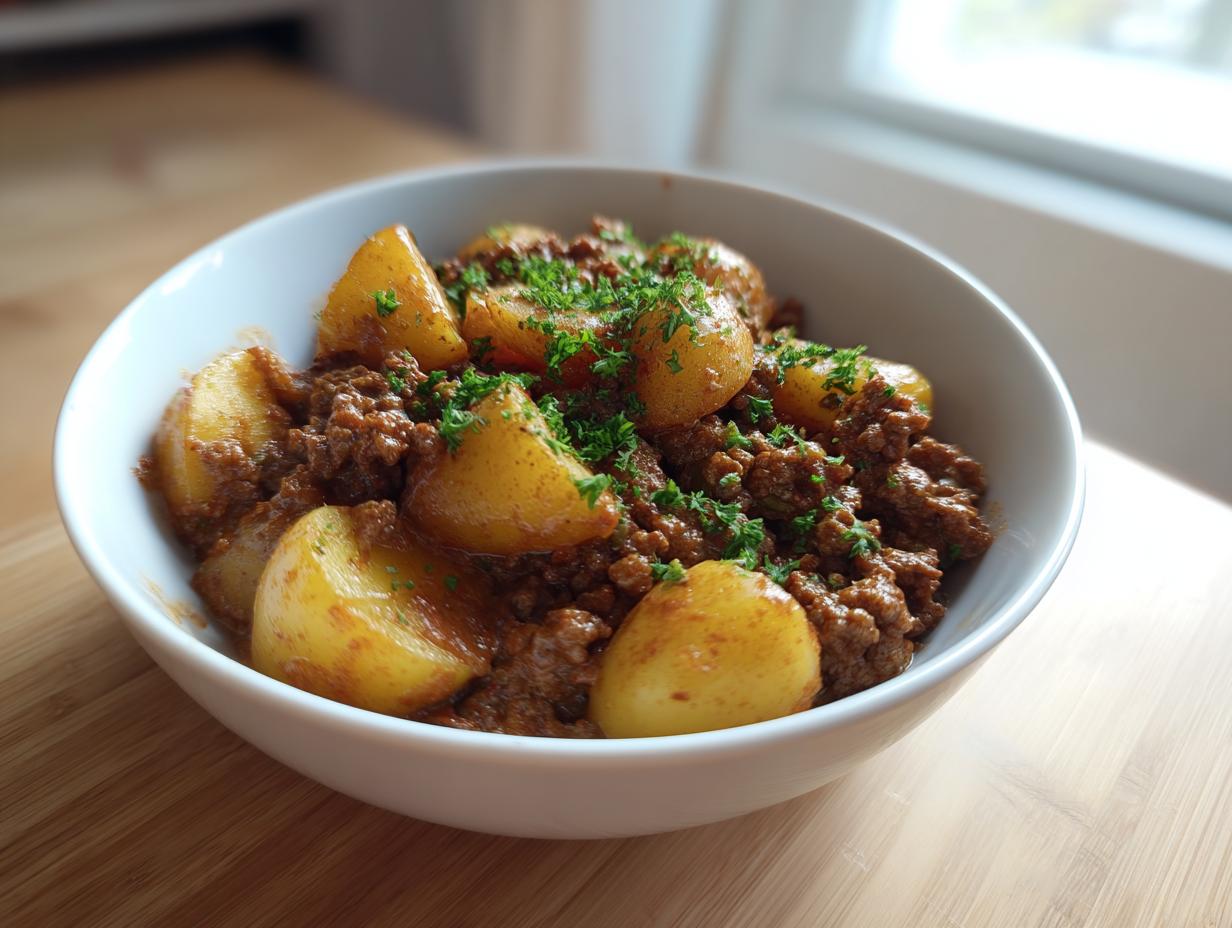 Eine Schale mit Rinderhack-Kartoffelpfanne in Rahm, garniert mit Petersilie, bereit zum Essen.