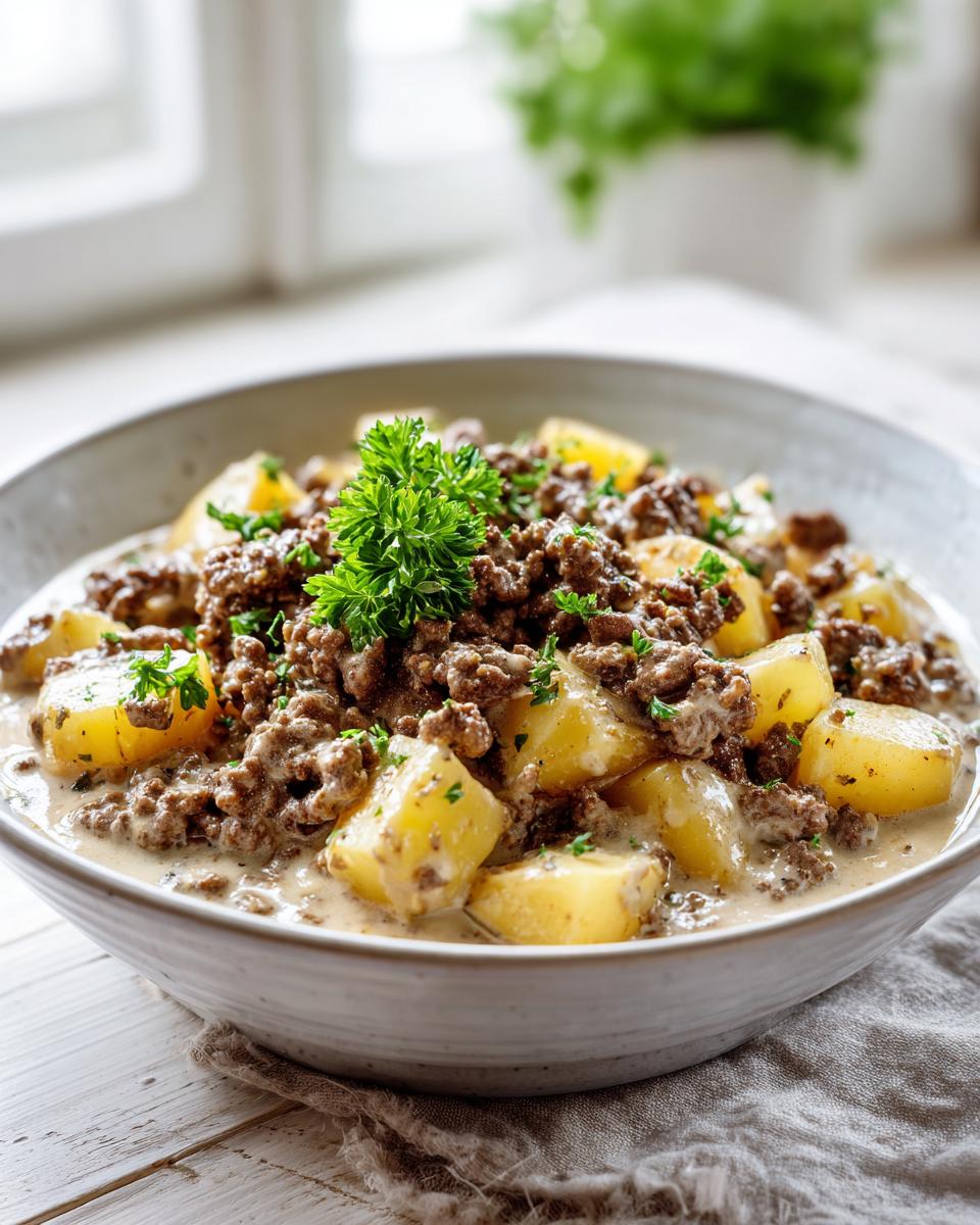 Nahaufnahme einer Schüssel mit Rinderhack-Kartoffelpfanne in Rahm, garniert mit Petersilie.