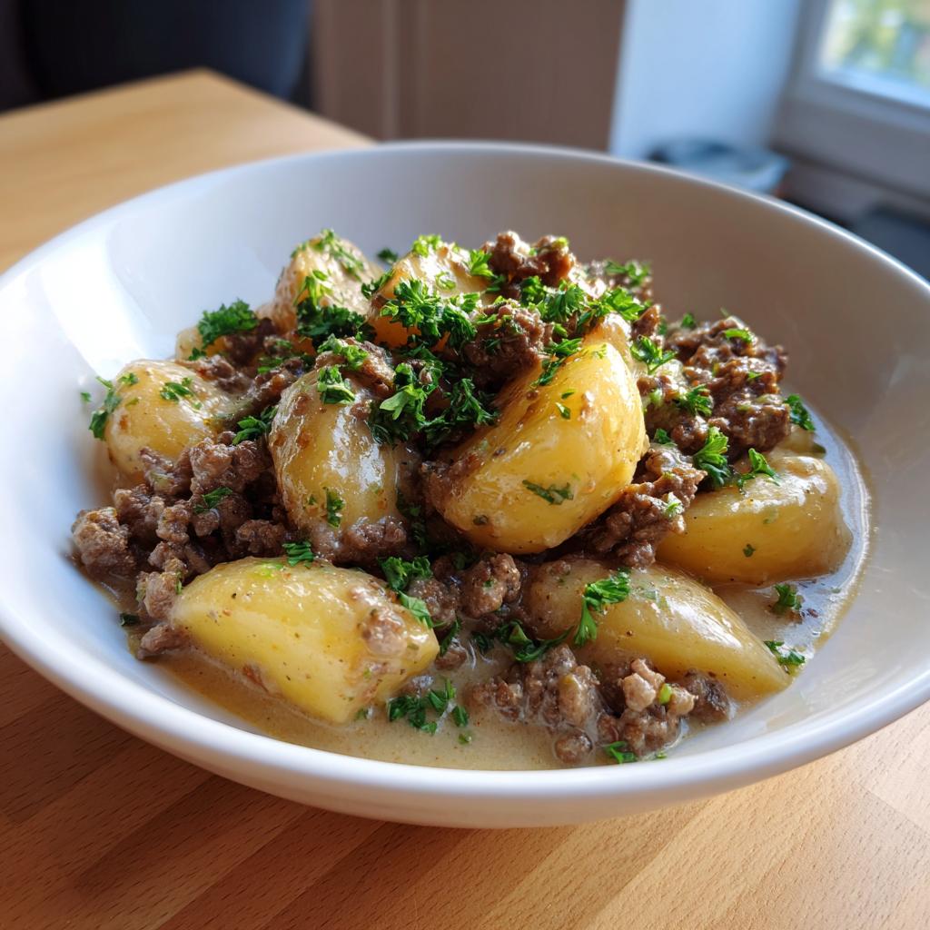 Nahaufnahme einer Schüssel mit Rinderhack-Kartoffelpfanne in Rahm, garniert mit frischer Petersilie.