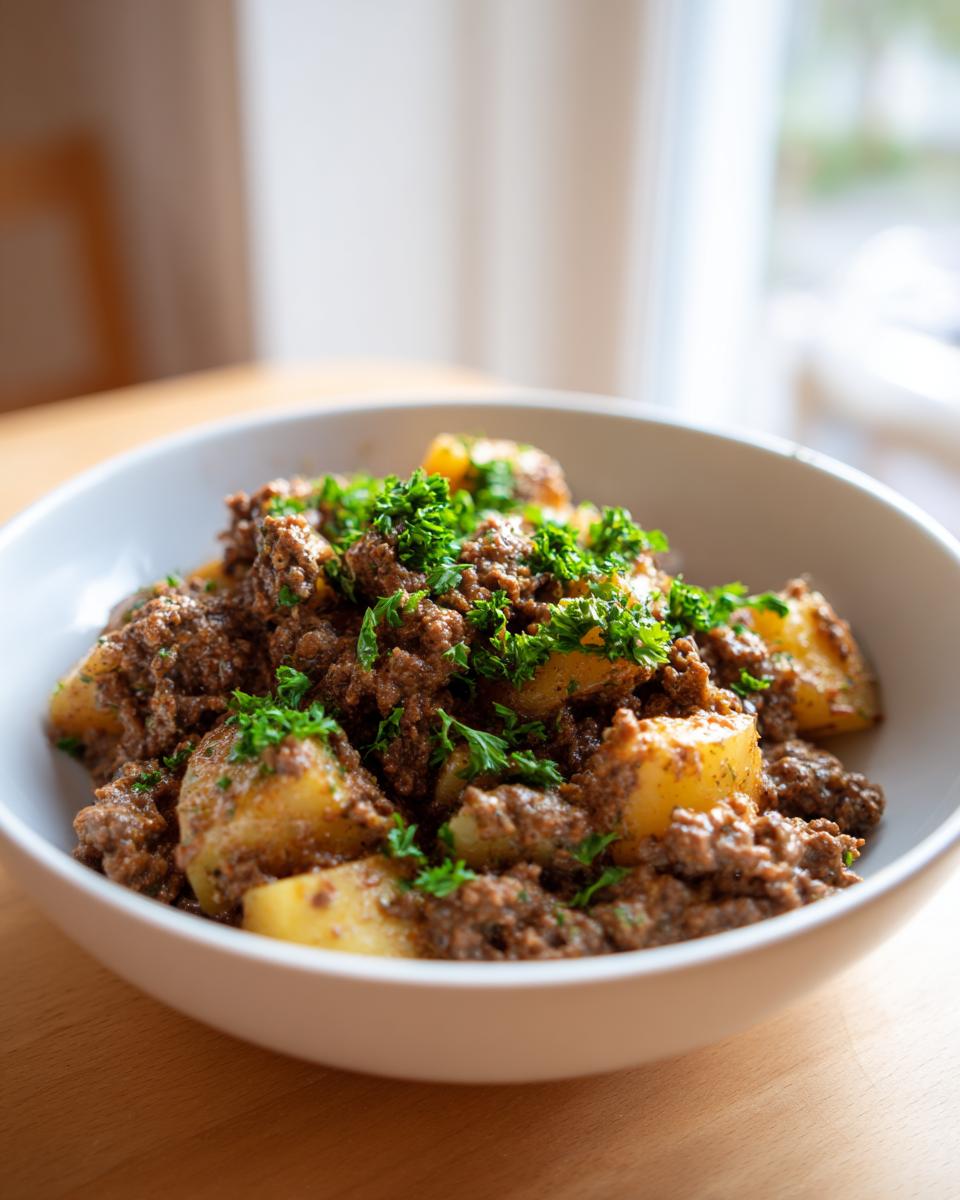 Nahaufnahme einer Rinderhack-Kartoffelpfanne in Rahm, garniert mit frischer Petersilie in einer weißen Schüssel.