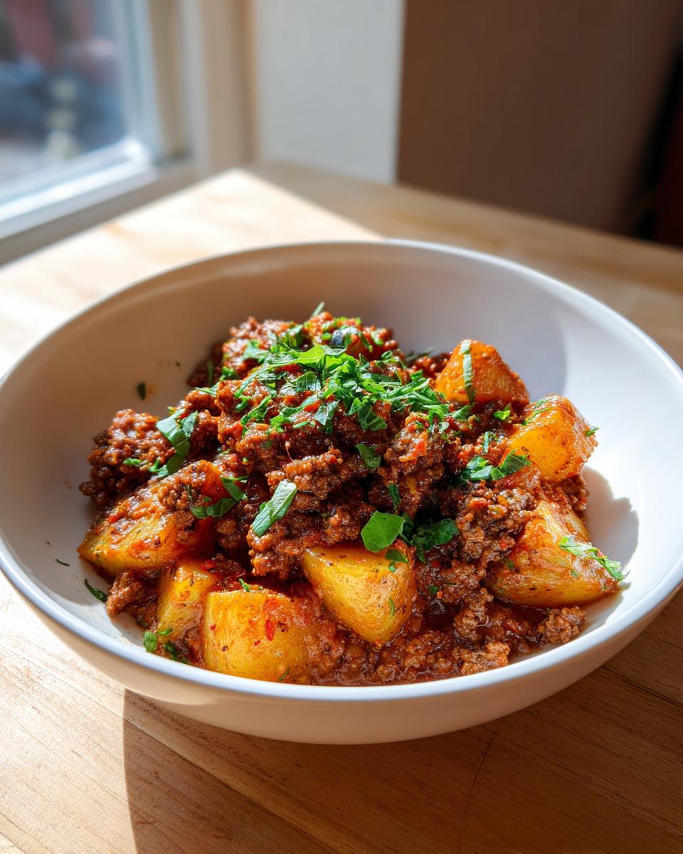 Eine Schale mit herzhafter Rinderhack-Kartoffelpfanne in Rahm, garniert mit frischer Petersilie, im Sonnenlicht.