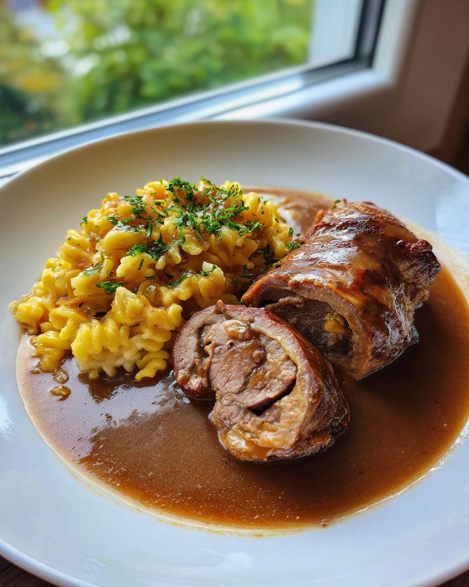 Teller mit Rinderrouladen mit Spätzle und reichlich Bratensauce, Anschnitt sichtbar.