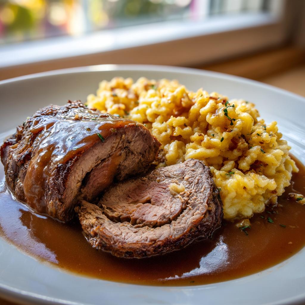 Aufgeschnittene Rinderrouladen mit reichlich Bratensauce und einer Portion Spätzle.