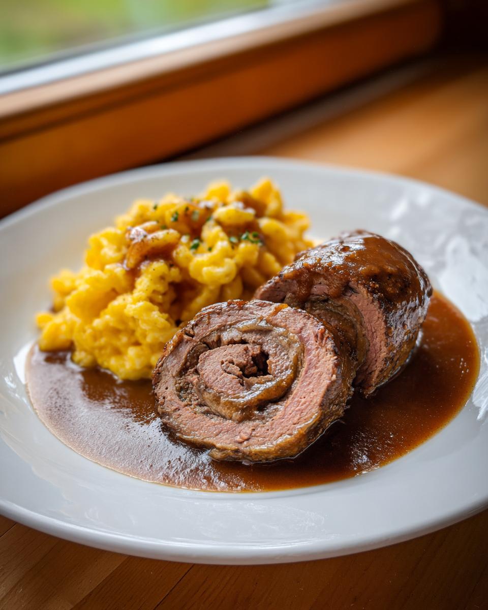 Zwei Scheiben Rinderrouladen mit saftiger Bratensauce und lockeren Spätzle auf einem weißen Teller.
