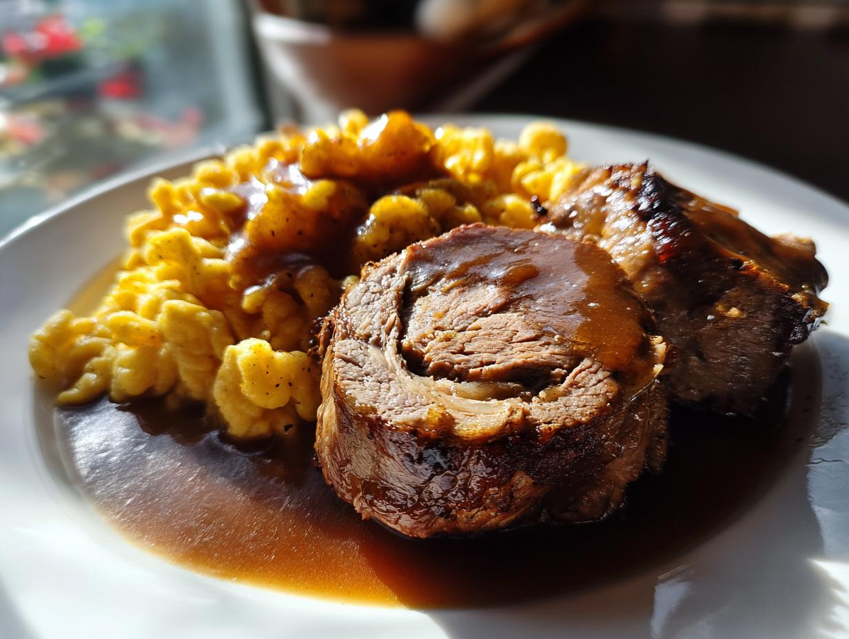 Teller mit Anschnitt von Rinderrouladen, bedeckt mit dunkler Bratensauce, dazu goldgelbe Spätzle.
