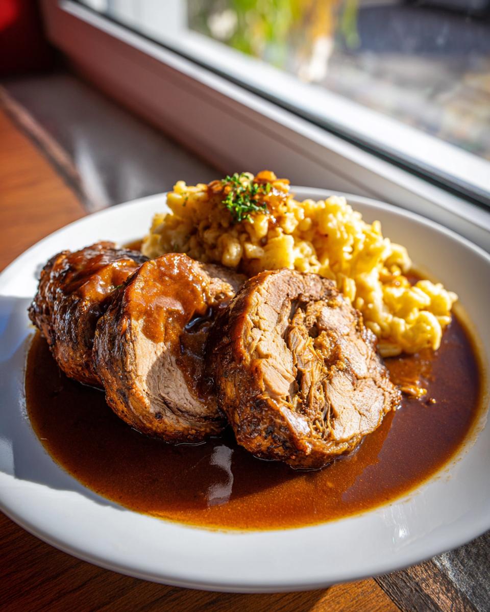 Drei Scheiben zarte Rinderrouladen mit reichlich dunkler Bratensauce und einer Portion Spätzle auf einem weißen Teller.