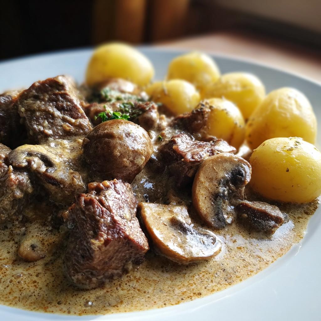 Nahaufnahme von saftigen Rinderstreifen in Champignonrahm mit Salzkartoffeln.