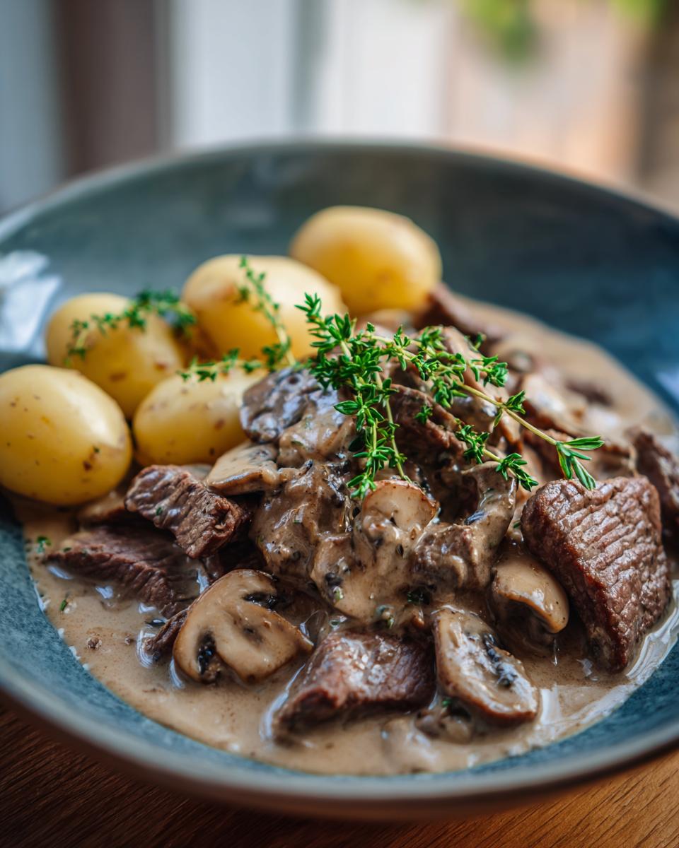 Nahaufnahme von Rinderstreifen in Champignonrahmsoße mit Salzkartoffeln und frischem Thymian.