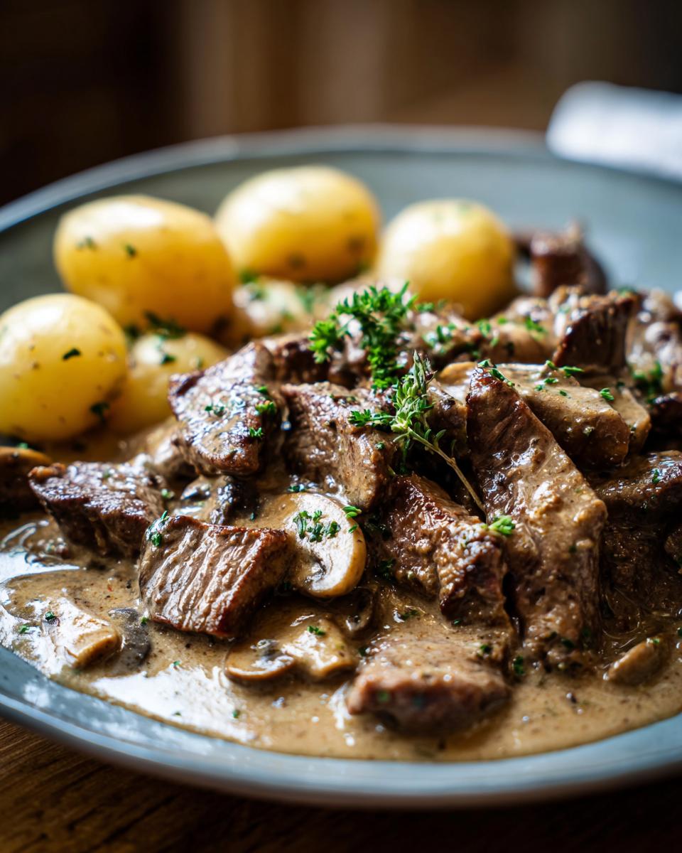 Nahaufnahme von saftigen Rinderstreifen in Champignonrahmsoße mit Salzkartoffeln, garniert mit frischen Kräutern.