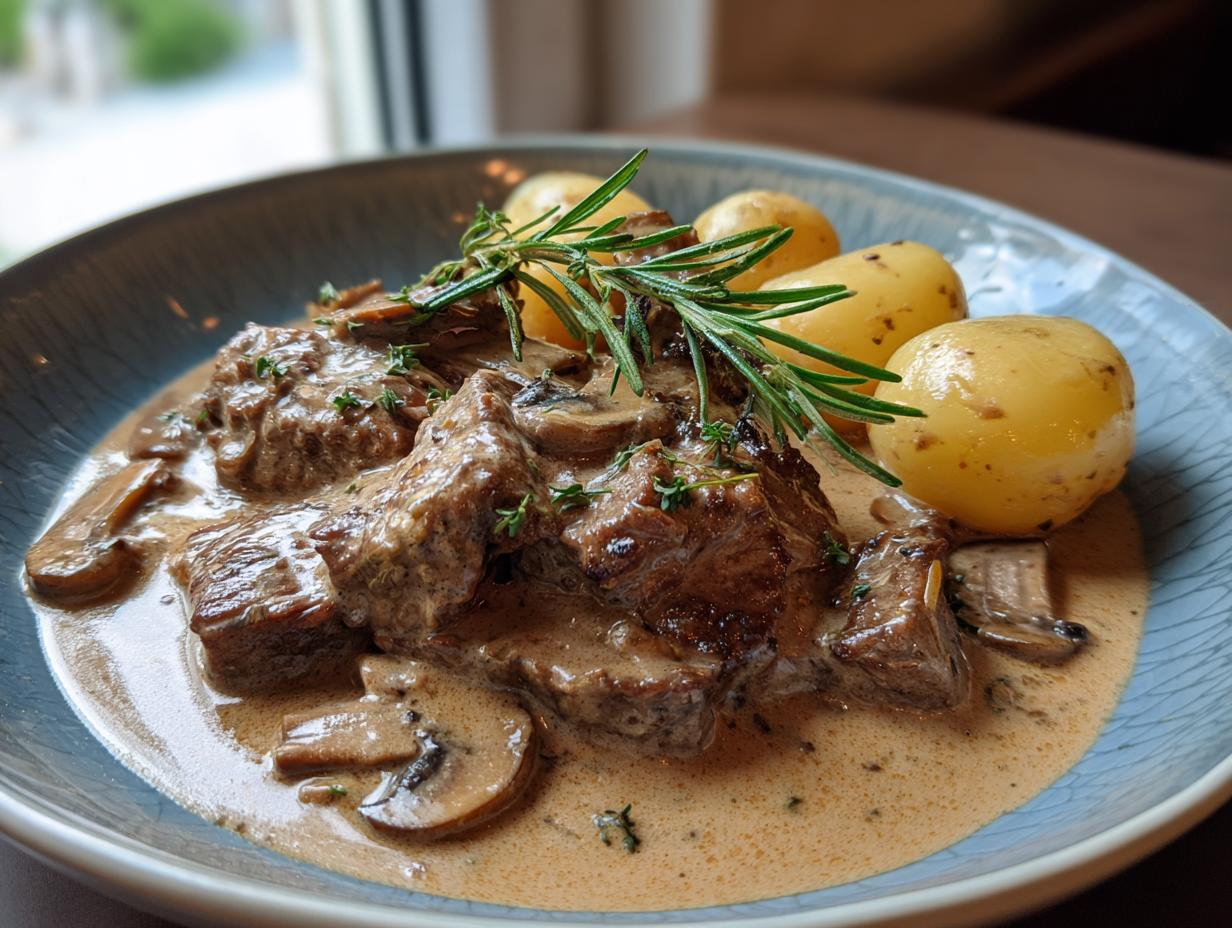 Saftige Rinderstreifen in Champignonrahm mit Salzkartoffeln, garniert mit Rosmarin.