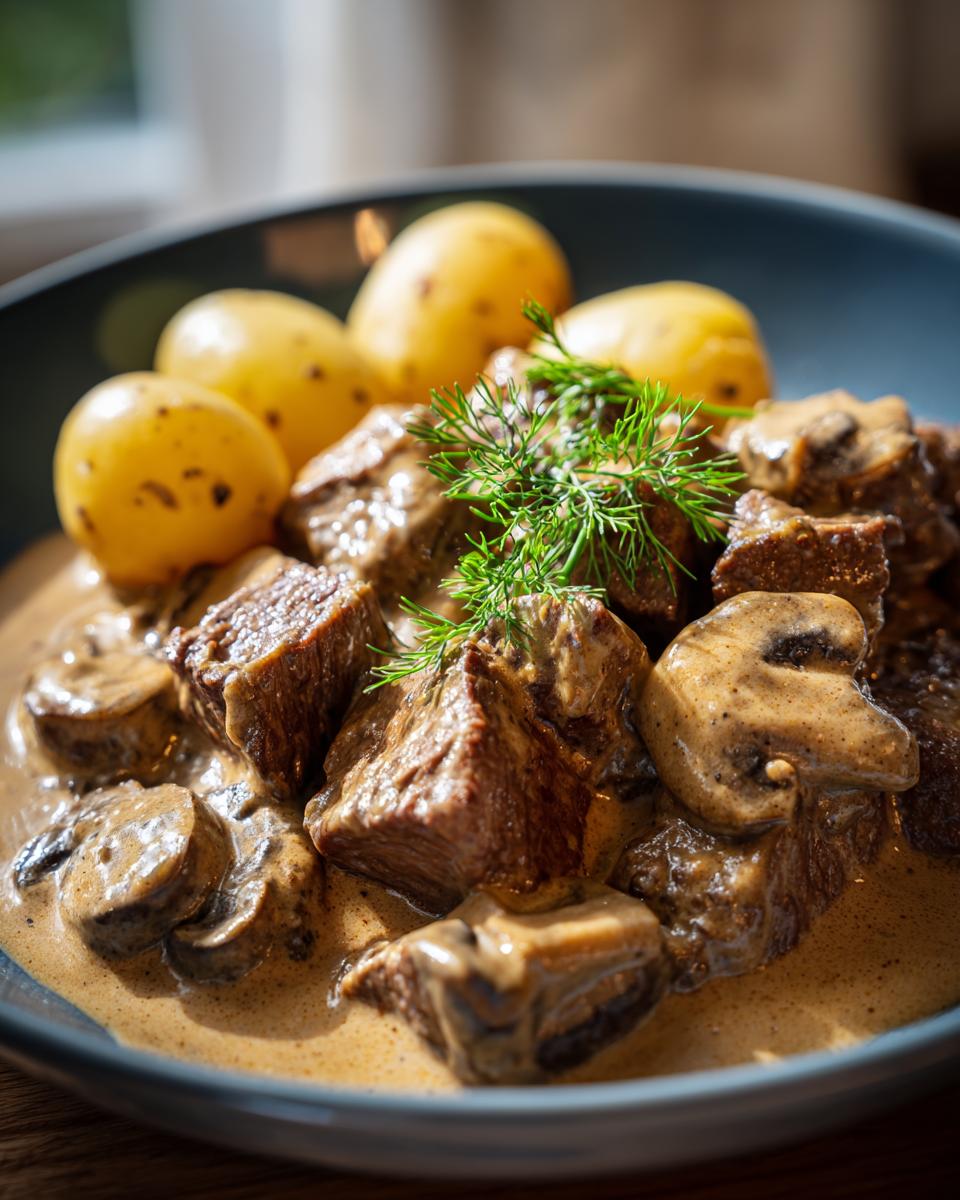 Nahaufnahme von saftigen Rinderstreifen in Champignonrahm mit Salzkartoffeln und frischem Dill.