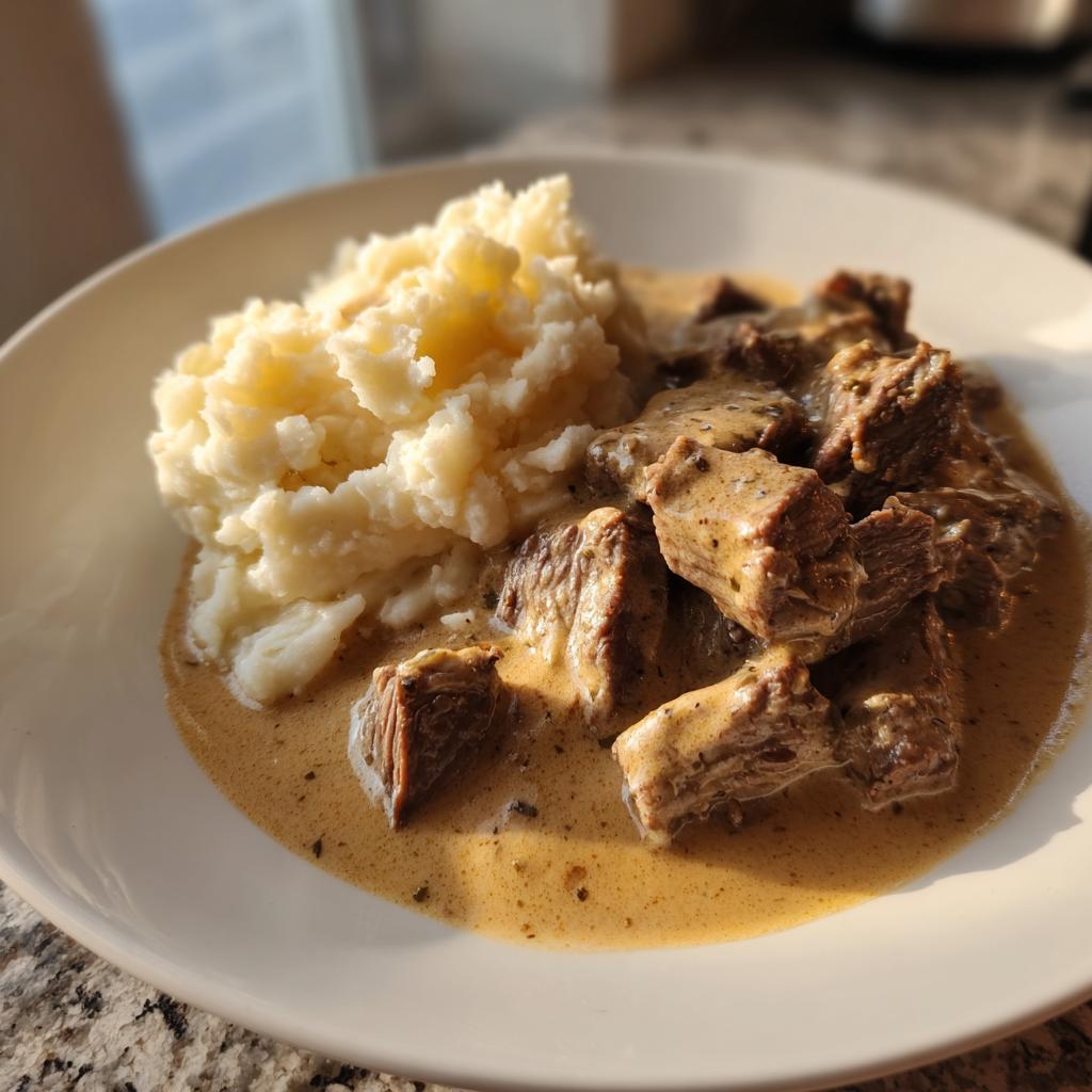 Teller mit saftigen Rinderstreifen in Senfrahm und cremigem Kartoffelstampf.
