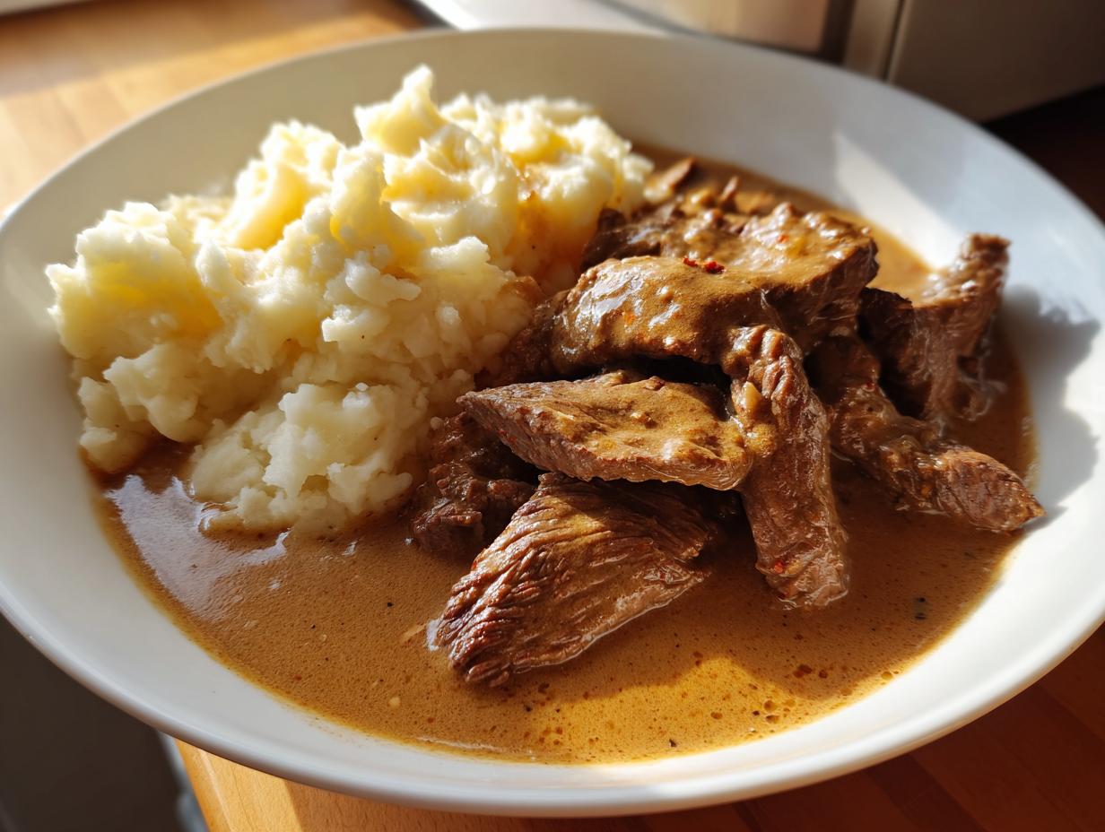 Teller mit saftigen Rinderstreifen in Senfrahm und einer großen Portion fluffigem Kartoffelstampf.