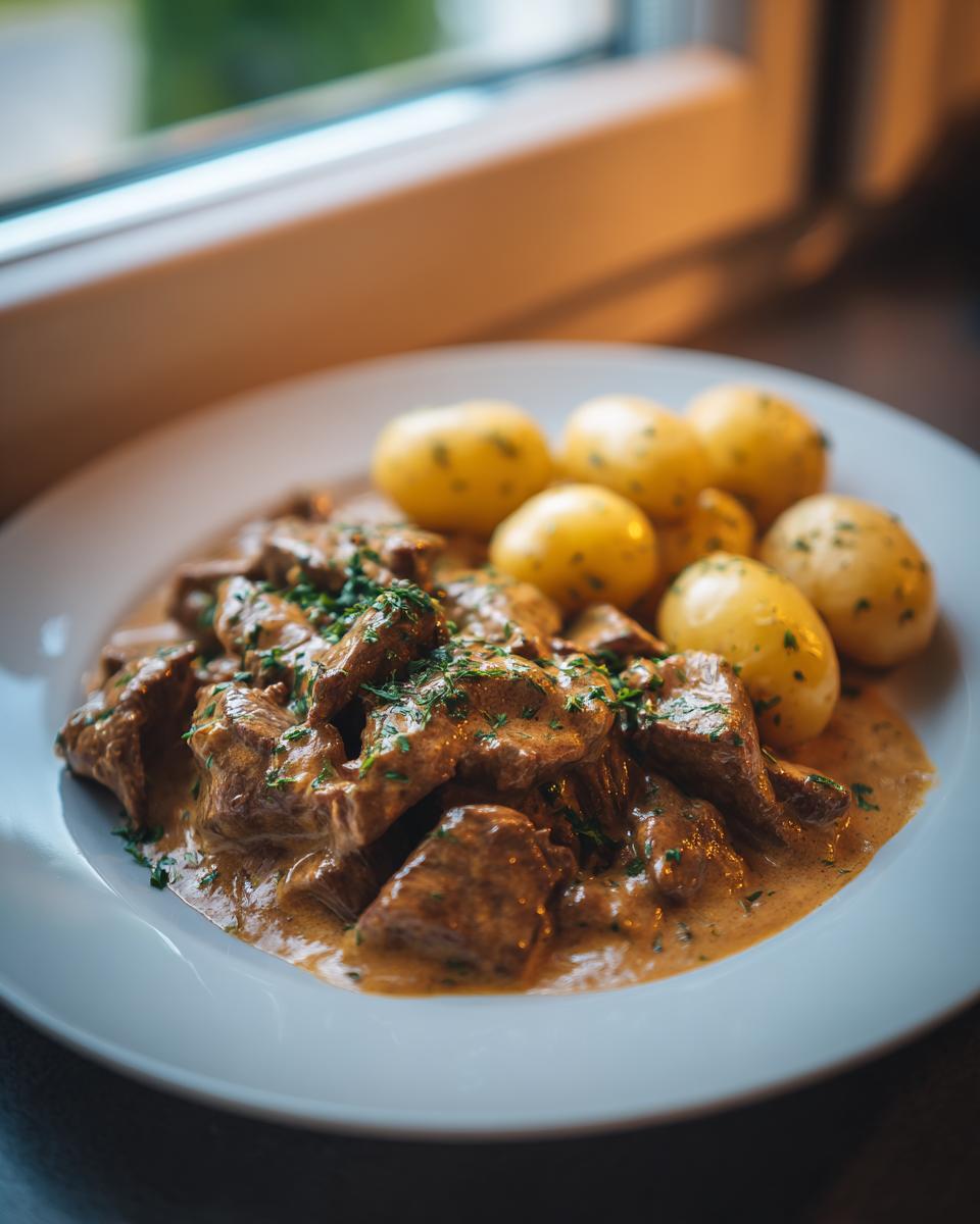 Teller mit Rinderstreifen in Knoblauchrahm und kleinen Pellkartoffeln, garniert mit Petersilie.