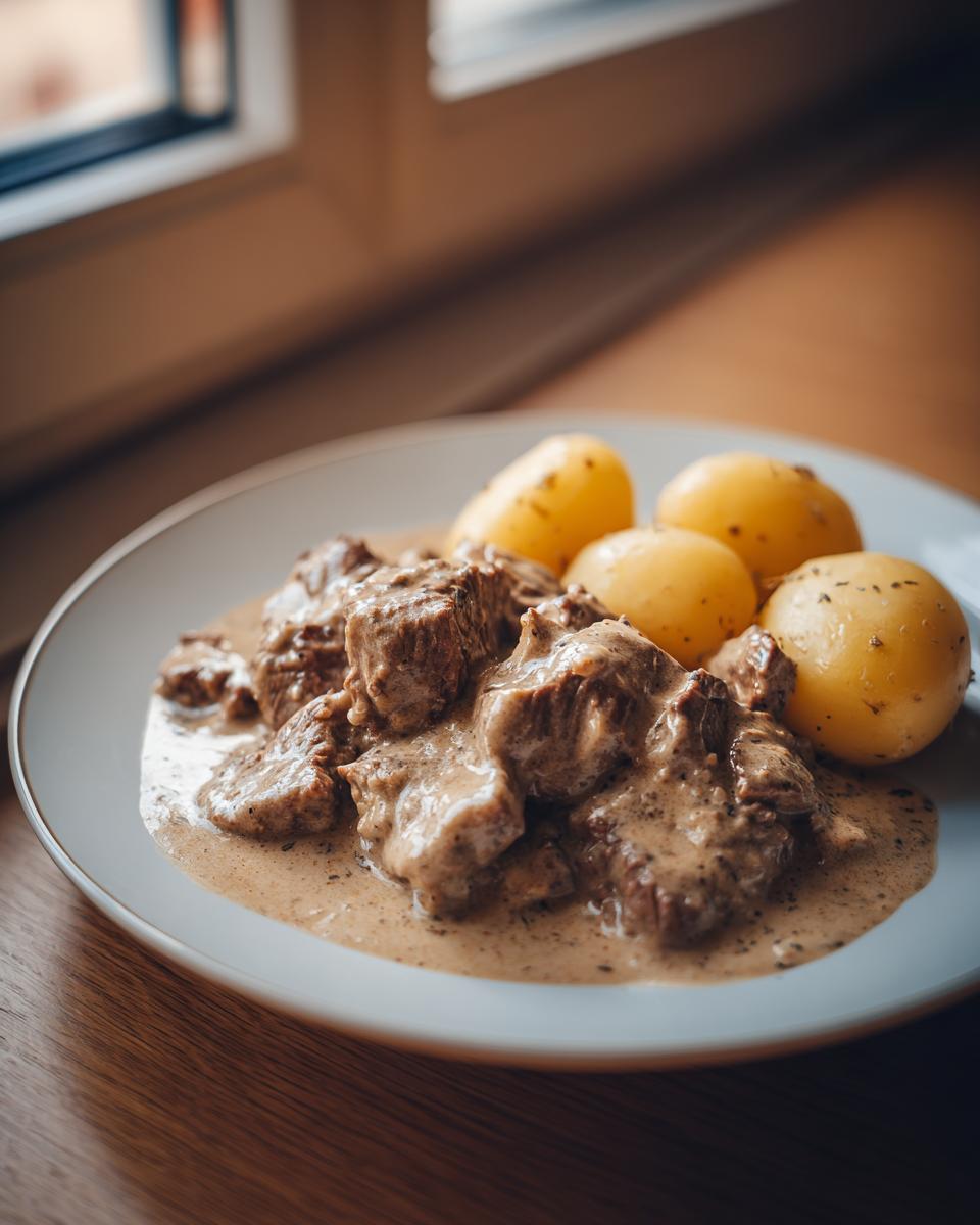 Teller mit saftigen Rinderstreifen in Knoblauchrahm und Pellkartoffeln – perfekt für Rinderstreifen in Knoblauchrahm mit Kartoffeln.
