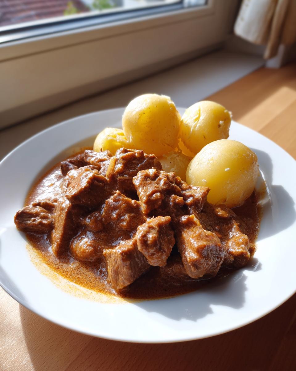 Teller mit saftigen Rinderstreifen in cremiger Soße und dazu Pellkartoffeln, serviert am Fenster.