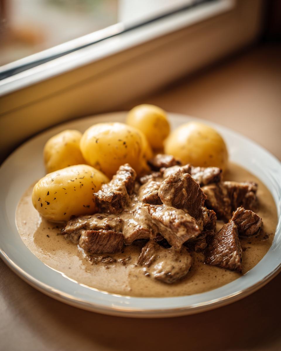 Teller mit saftigen Rinderstreifen in Knoblauchrahm und Salzkartoffeln, das Gericht steht am Fenster.