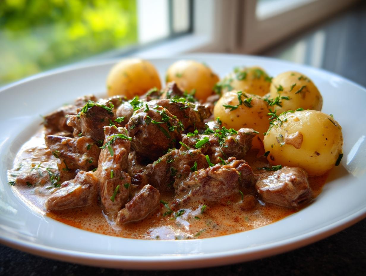 Teller mit saftigen Rinderstreifen in Knoblauchrahm und Salzkartoffeln, garniert mit frischen Kräutern.