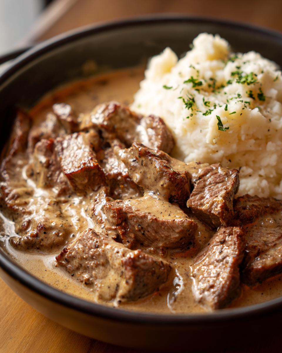 Nahaufnahme von saftigen Rinderstreifen in Pfefferrahmsoße neben einer Portion Kartoffelstampf.