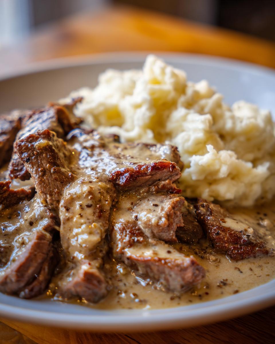 Nahaufnahme von saftigen Rinderstreifen in Pfefferrahmsoße neben lockerem Kartoffelstampf.