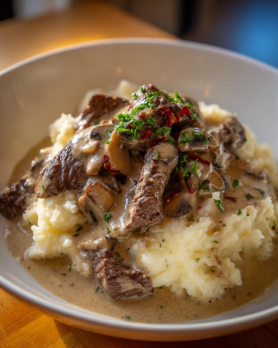 Nahaufnahme von Rinderstreifen in Pfefferrahm mit Pilzen auf lockerem Kartoffelstampf.