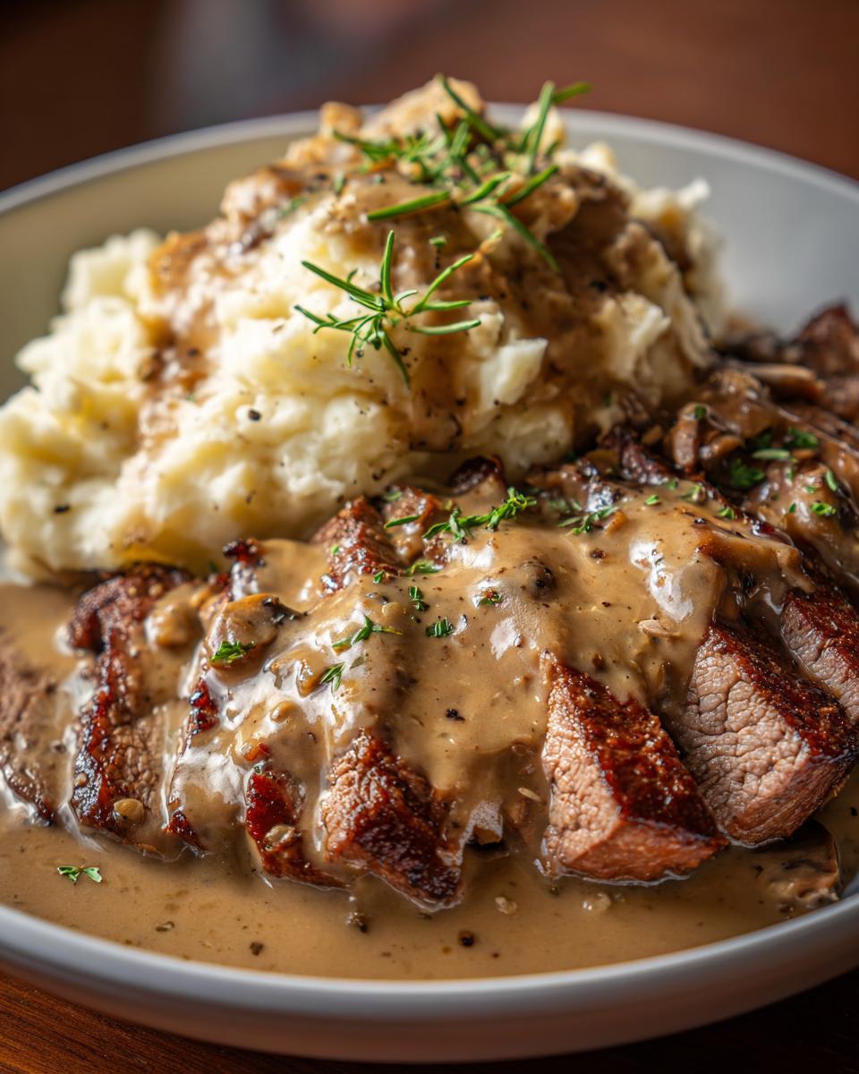 Teller mit saftigen Rinderstreifen in Pfefferrahmsoße und cremigem Kartoffelstampf, garniert mit Rosmarin.