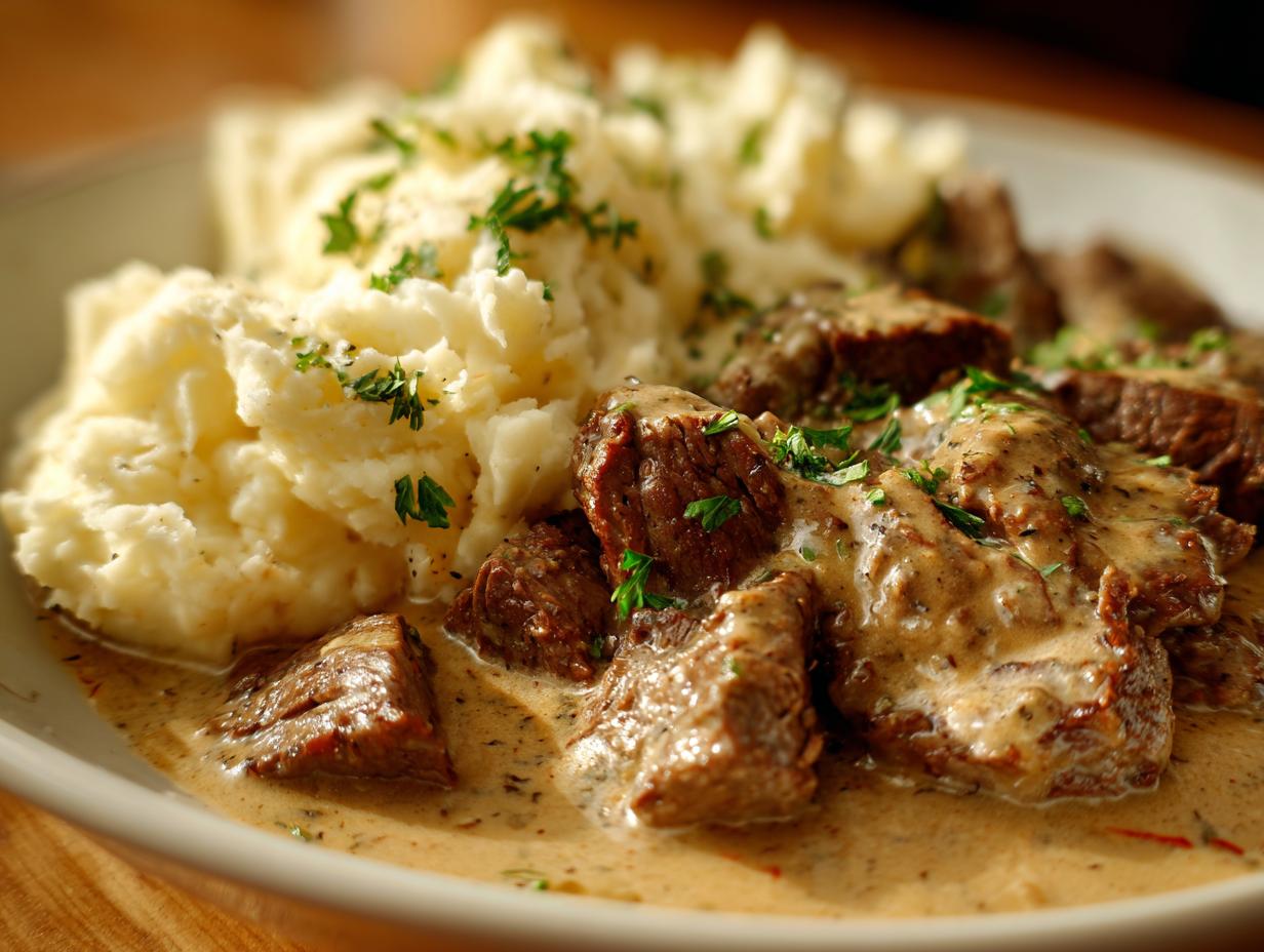 Zarte Rinderstreifen in cremiger Pfefferrahmsoße neben fluffigem Kartoffelstampf, garniert mit Petersilie.