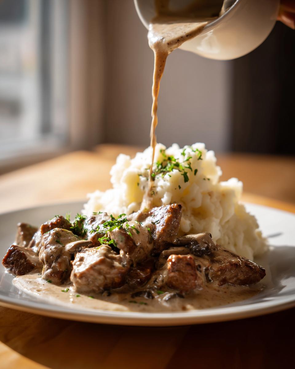Rinderstreifen in Senfrahm mit Kartoffelstampf, wobei die cremige Senfsoße aus einer Kanne darüber gegossen wird.