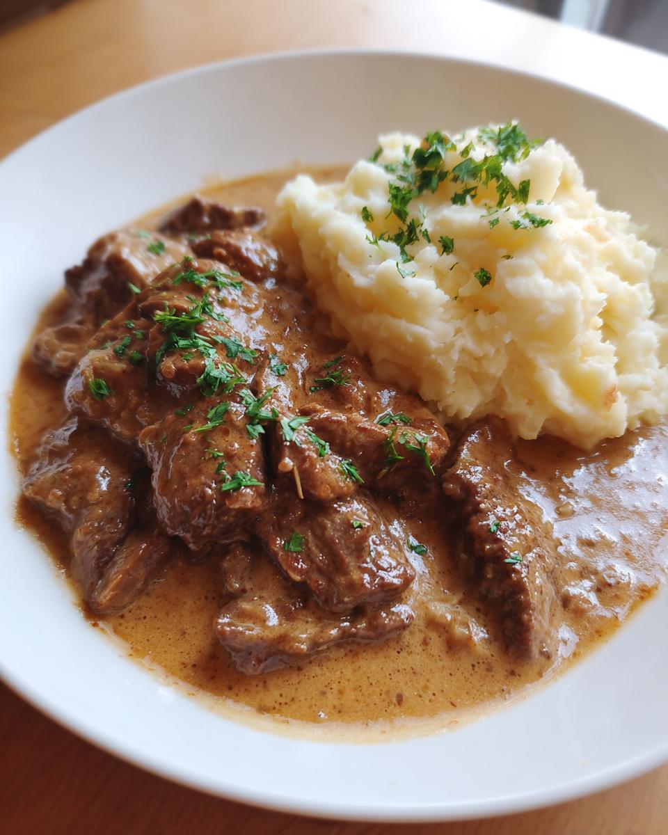 Teller mit saftigen Rinderstreifen in Senfrahm und cremigem Kartoffelstampf, garniert mit Petersilie.