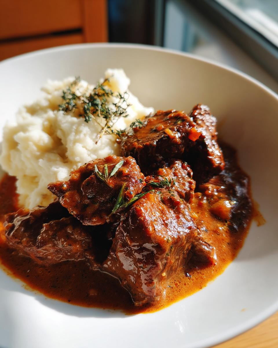 Ein Teller mit saftigen Rinderstreifen in Senfrahmsoße und lockerem Kartoffelstampf, garniert mit frischen Kräutern.