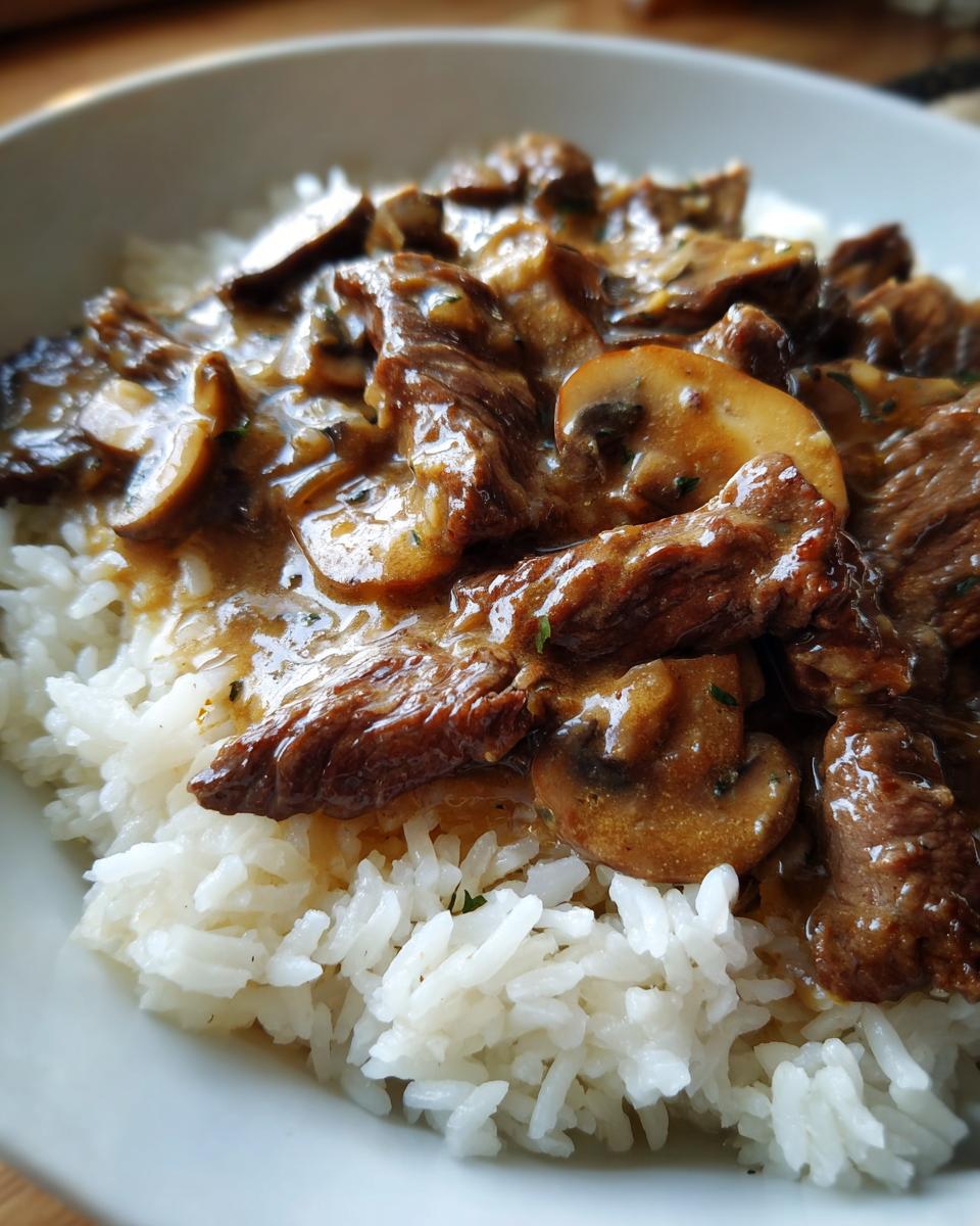 Nahaufnahme von cremigem Russisches Stroganoff mit Pilzen und Fleischstücken auf lockerem weißem Reis.