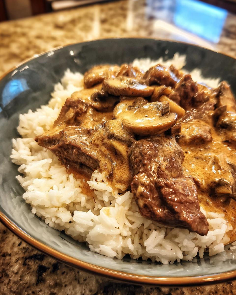 Nahaufnahme von cremigem Russisches Stroganoff mit Pilzen und Fleischstücken auf lockerem Reis in einer blauen Schale.