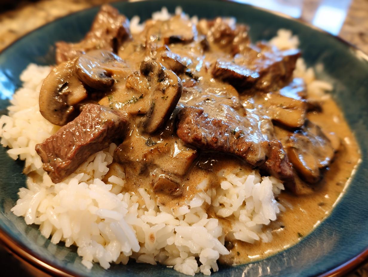 Nahaufnahme von saftigem Russisches Stroganoff mit Pilzen in cremiger Soße auf lockerem Reis.